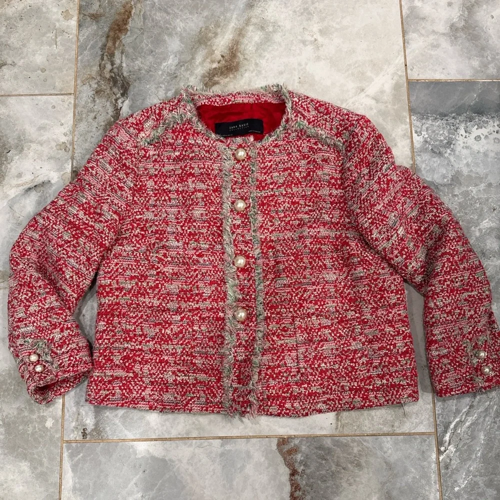 Zara Red Tweed Pearl-Button Jacket - Picture 2 of 8